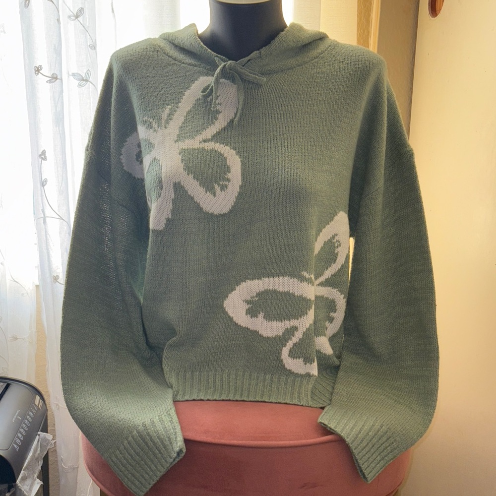 SO Green and White Butterfly Turtleneck Sweater